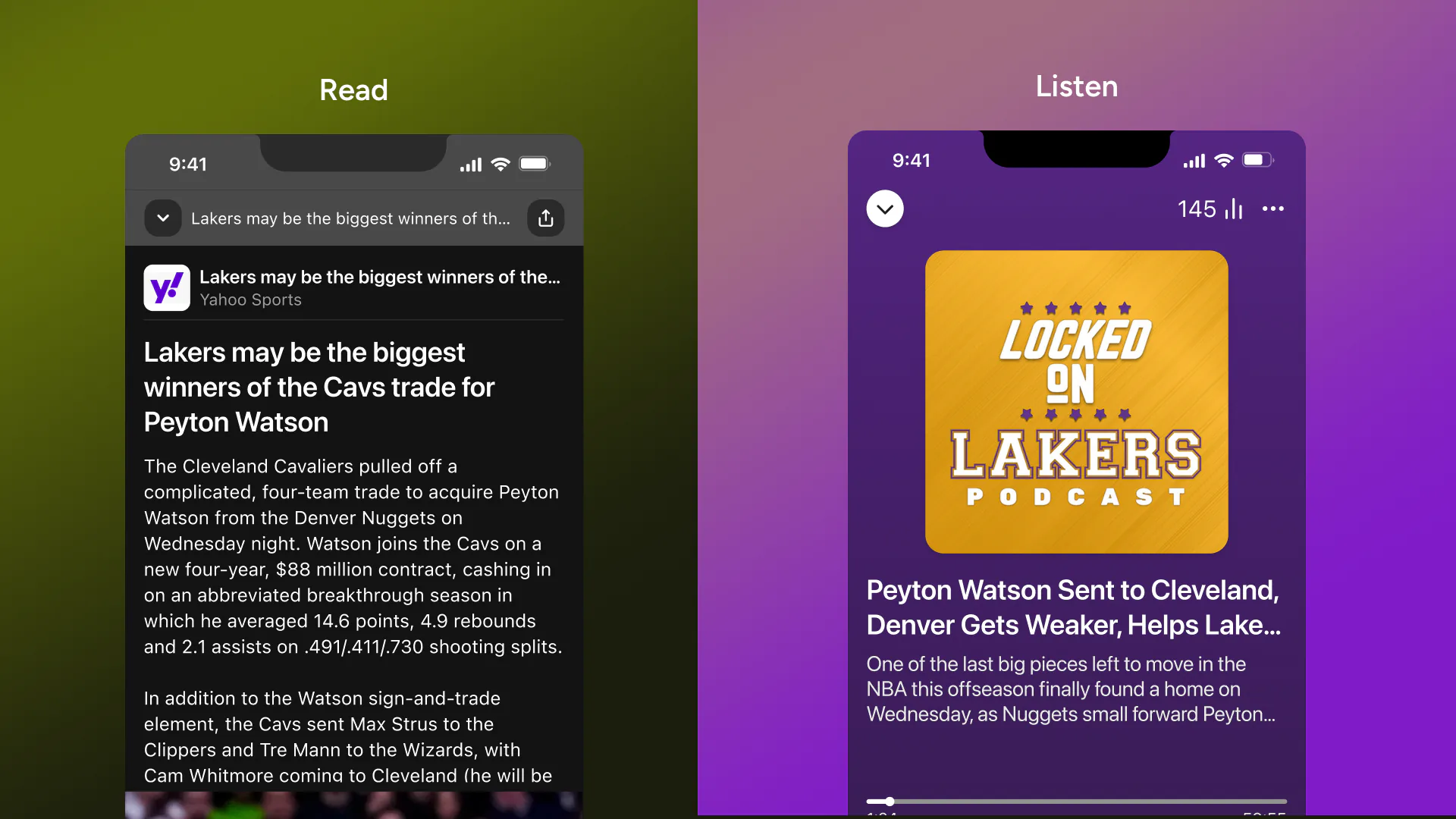 Two Autograph phone screens side by side under the headings Read and Listen: a Yahoo Sports article about a Lakers trade, and the same story as a Locked On Lakers podcast episode with a player.
