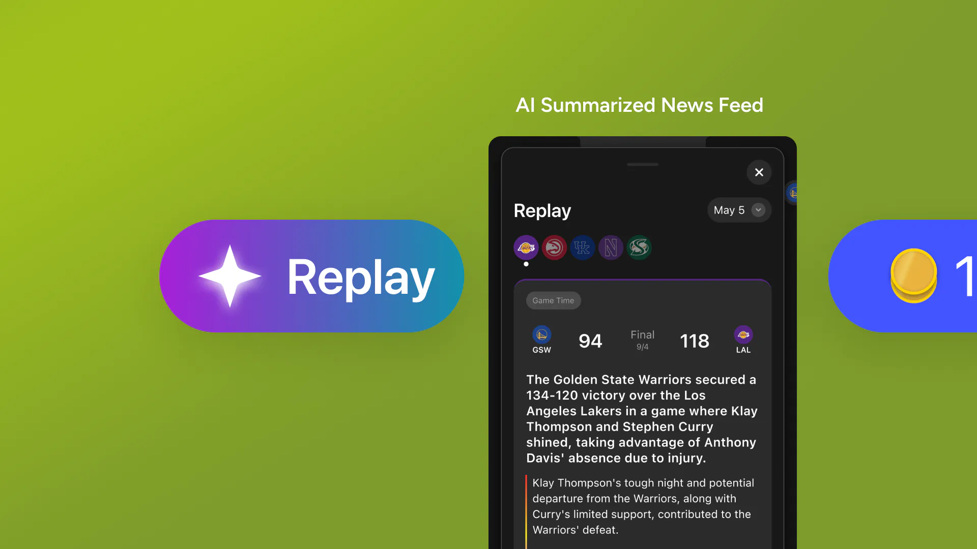 The Replay sheet on a phone: a date picker, team avatars, a final score, and an AI-written recap of the game.