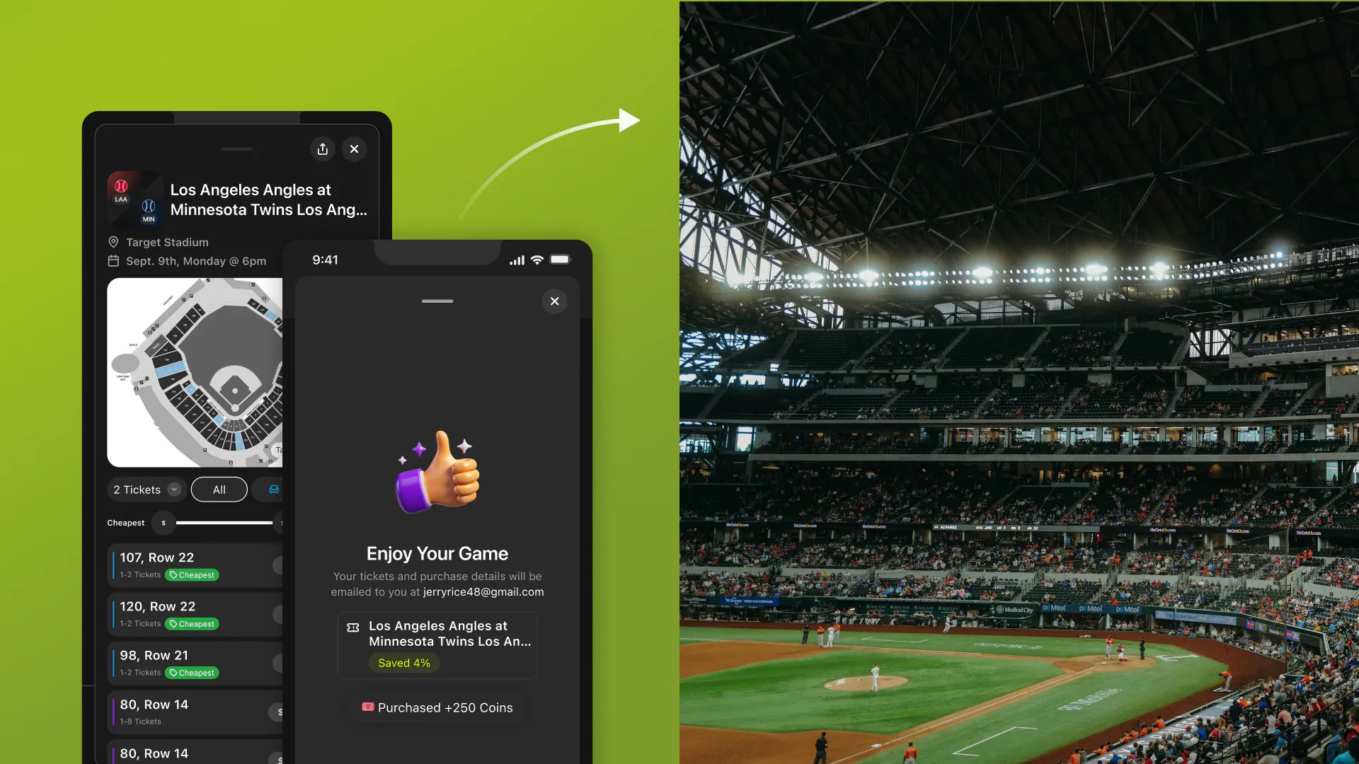 A ticket picker with a stadium seat map and a purchase confirmation reading Enjoy Your Game, beside a photograph of a floodlit ballpark.