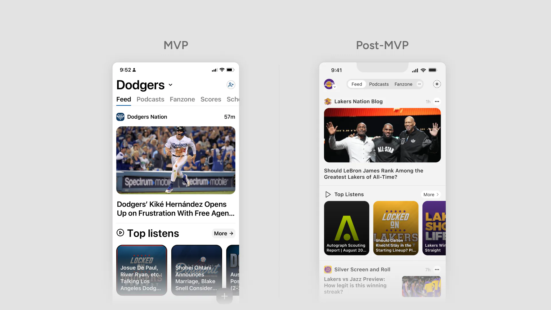 Two phone screens labeled MVP and Post-MVP, showing an earlier and later version of the same Autograph feed.