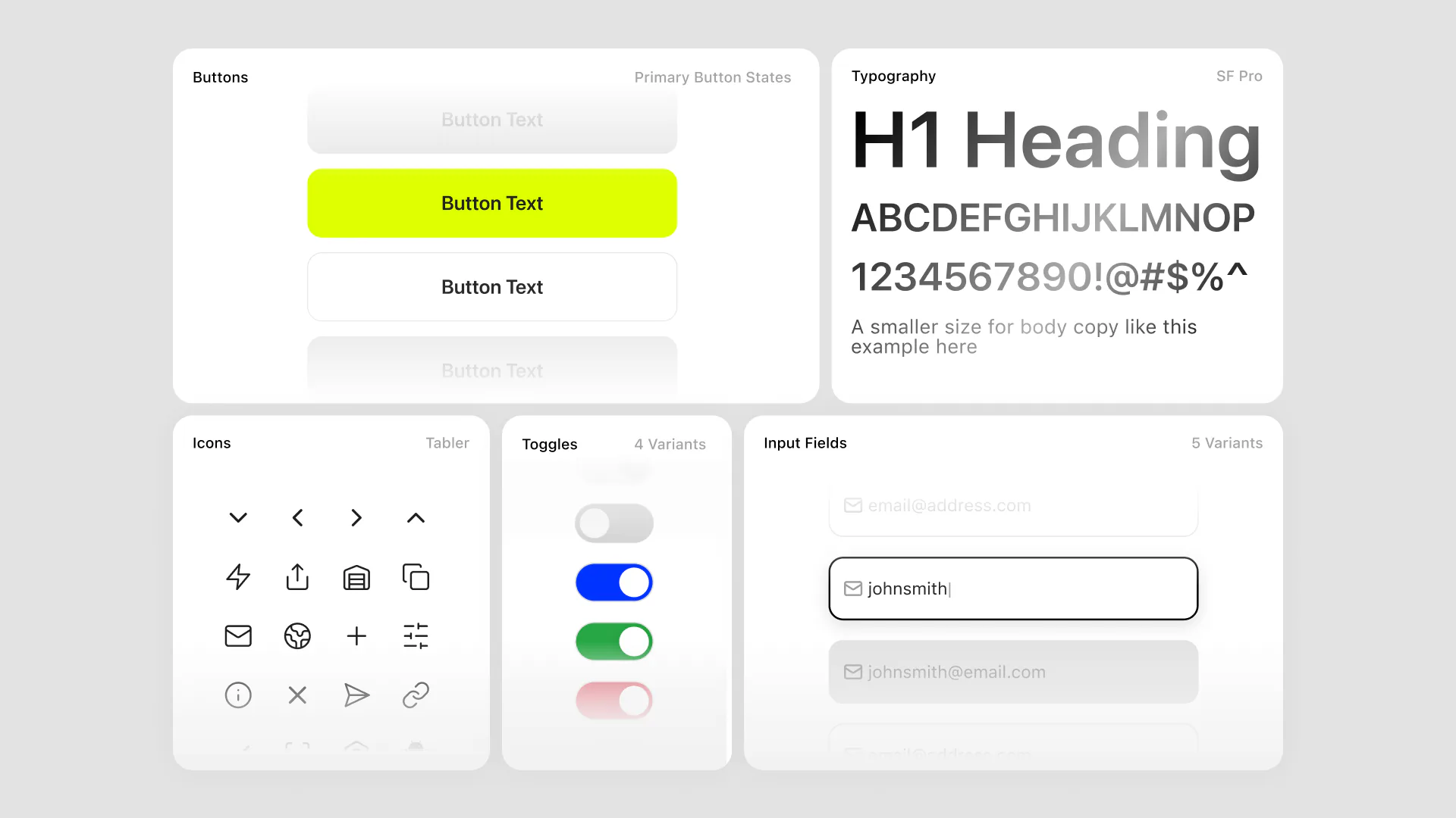 Design system cards: primary button states, a type ramp, an icon set, toggle variants and input field states.