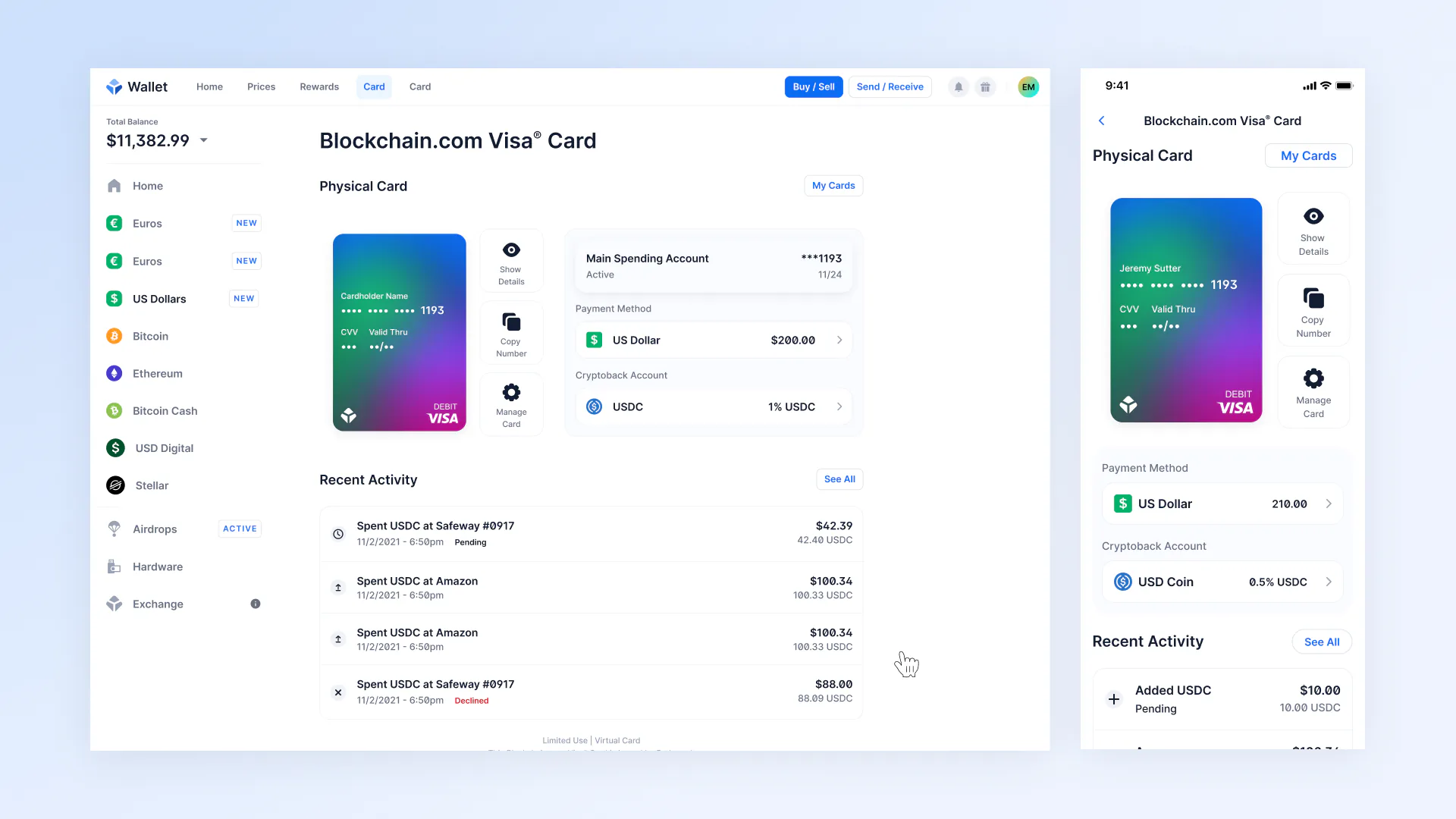 The Blockchain.com Card dashboard on desktop, with asset rail, card art, payment method and recent activity, beside the same dashboard on a phone.