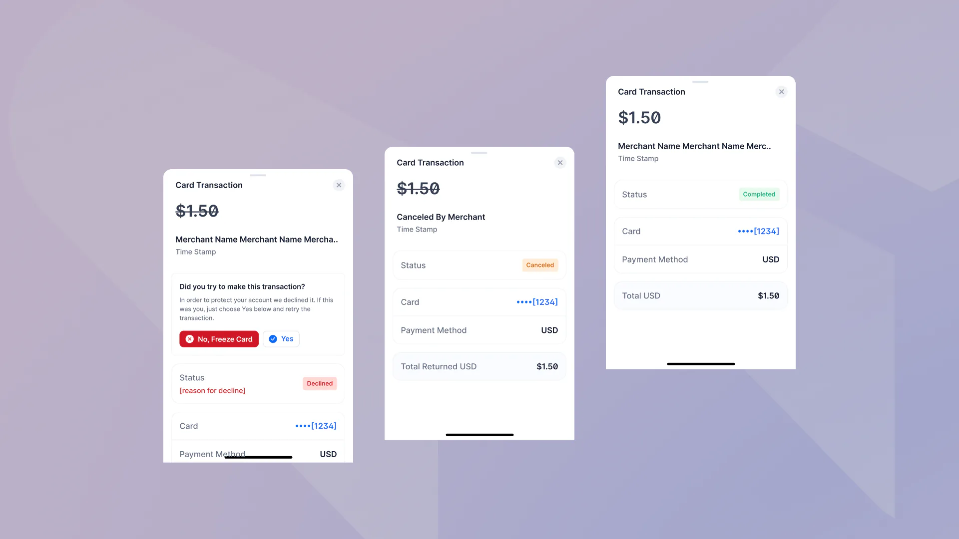 Three card transaction screens showing a flagged and declined charge, a merchant cancellation, and a completed payment.