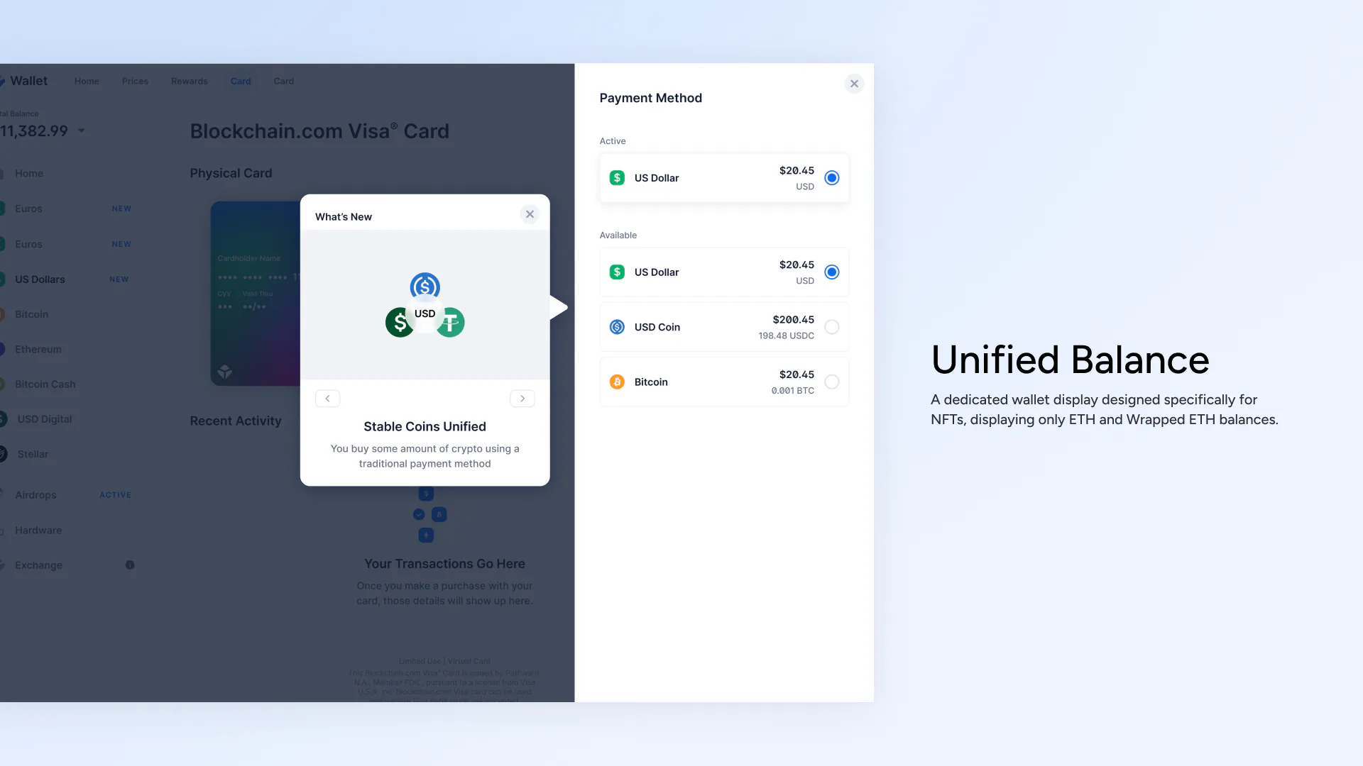 A What’s New sheet explaining unified stable coins over the card dashboard, beside a payment method panel listing US Dollar, USD Coin and Bitcoin balances.