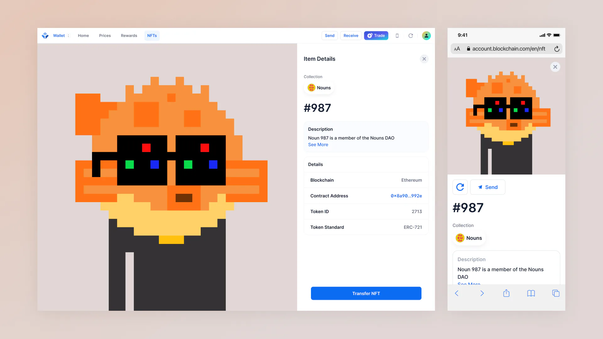 The NFT item page on web and mobile: a pixel-art Nouns character beside its collection, token ID and contract details, with a Transfer NFT action.