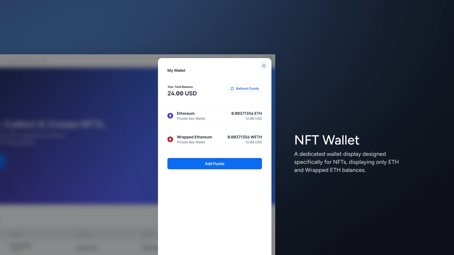 A My Wallet sheet showing a total balance with Ethereum and Wrapped Ethereum lines and an Add Funds button, over a dimmed marketplace page.