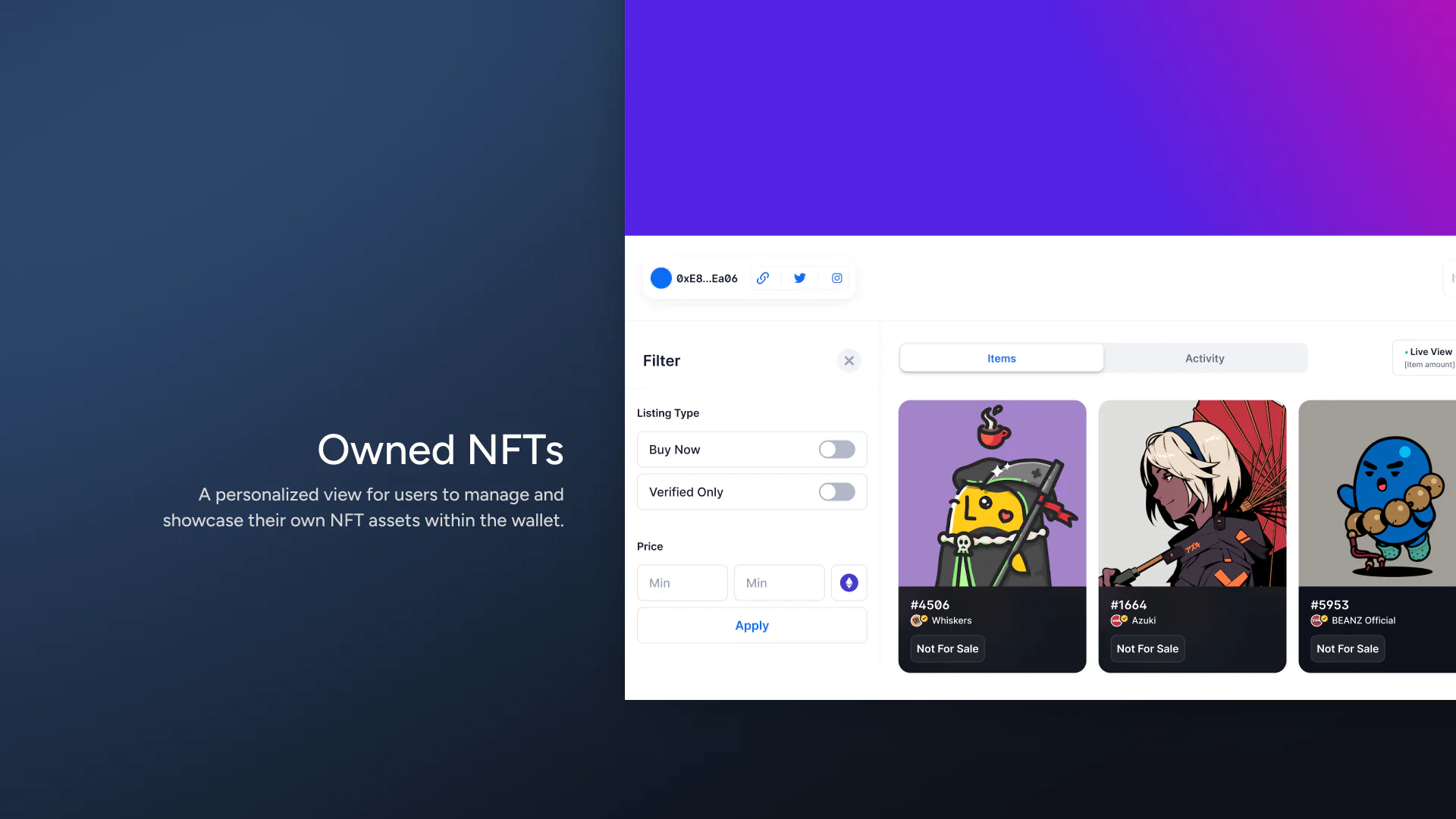 An Owned NFTs view: a listing and price filter beside a grid of owned items marked Not For Sale.