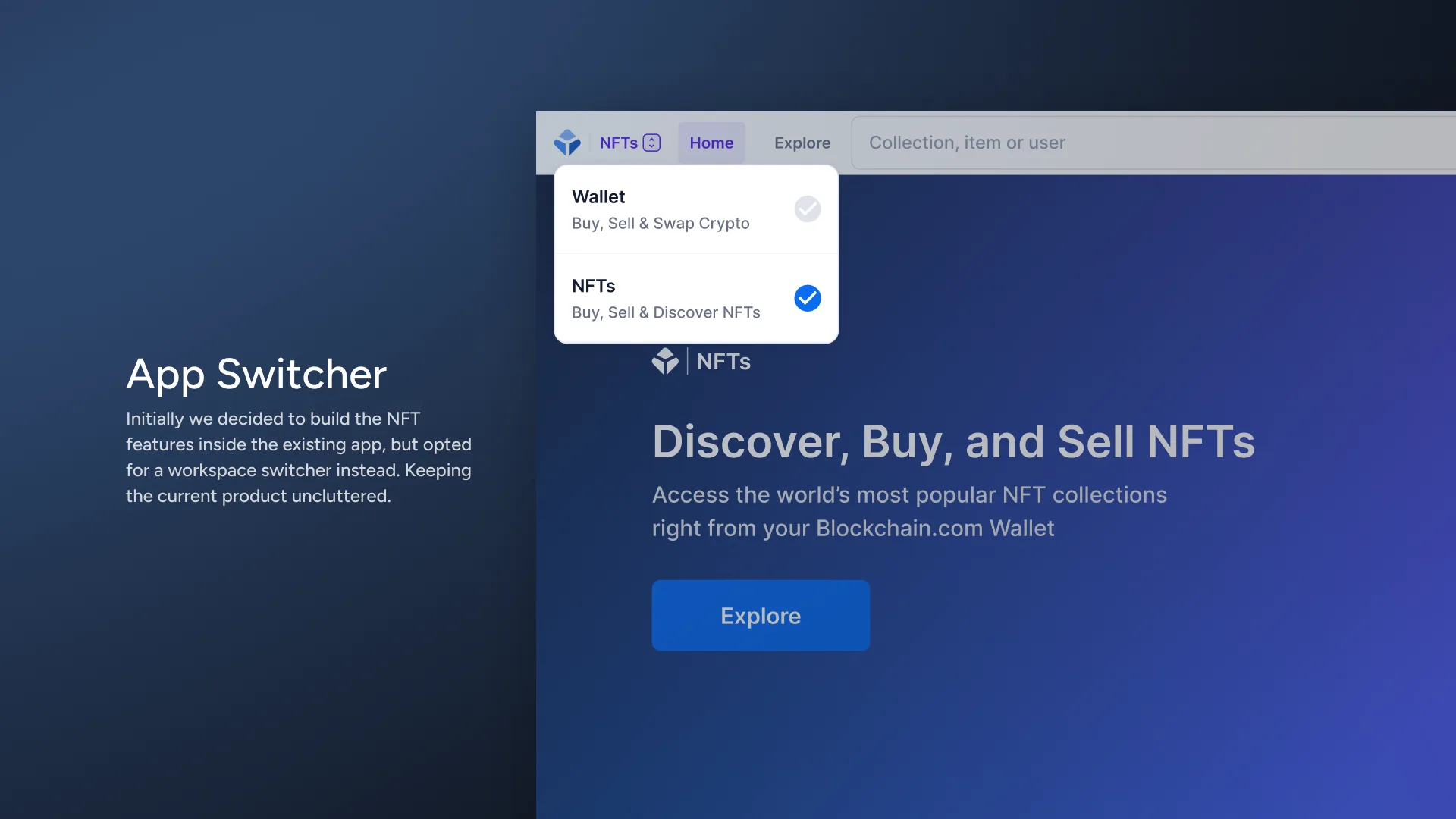 The workspace switcher open in the NFT marketplace: a menu offering Wallet (buy, sell and swap crypto) or NFTs, with NFTs selected, over the marketplace home.