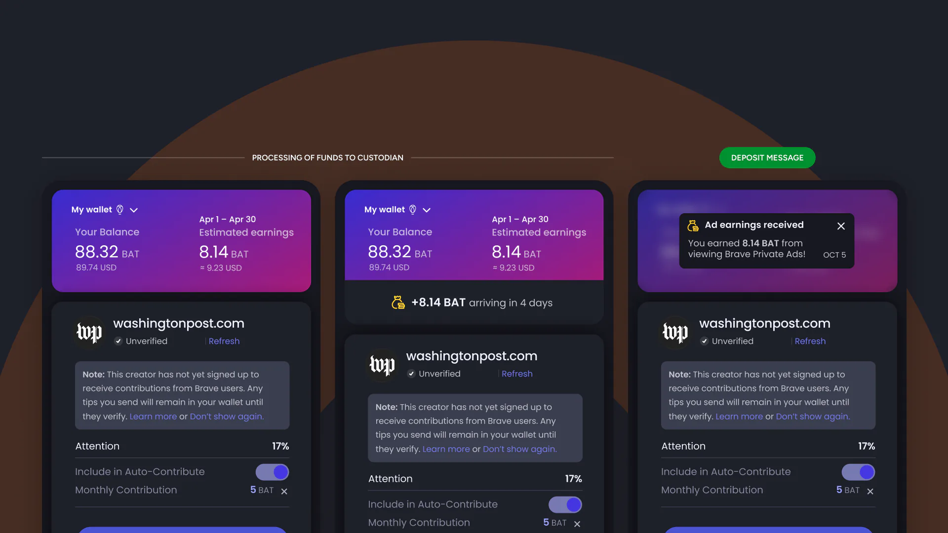 Three Rewards panels showing funds in transit: a resting state, a note that 8.14 BAT is arriving in four days, and an ad-earnings-received message.