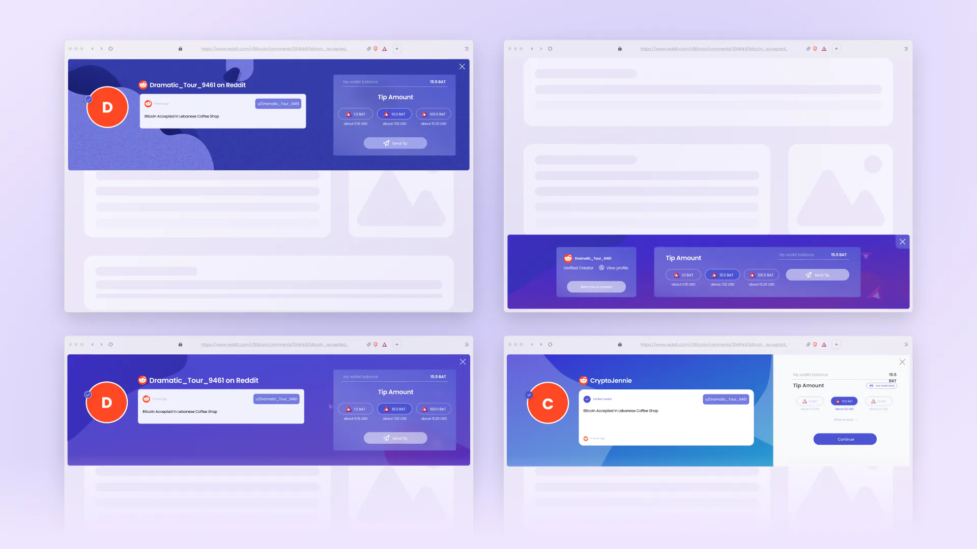 Four placements of the creator tipping banner in a browser window: inline at the top, docked at the foot of the page, full width, and as a compact panel.