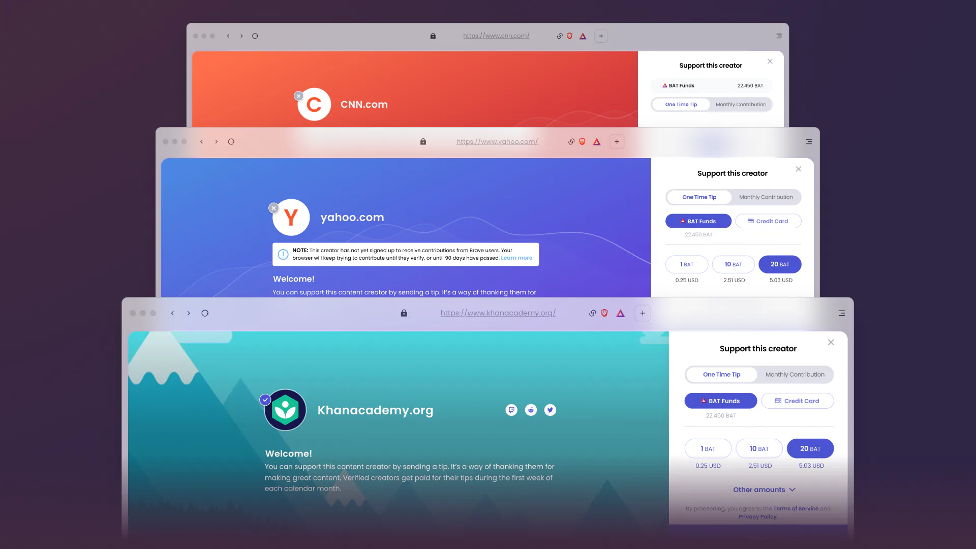 Three stacked browser windows showing the Support this creator panel on CNN, Yahoo and Khan Academy, including the unverified-creator note.