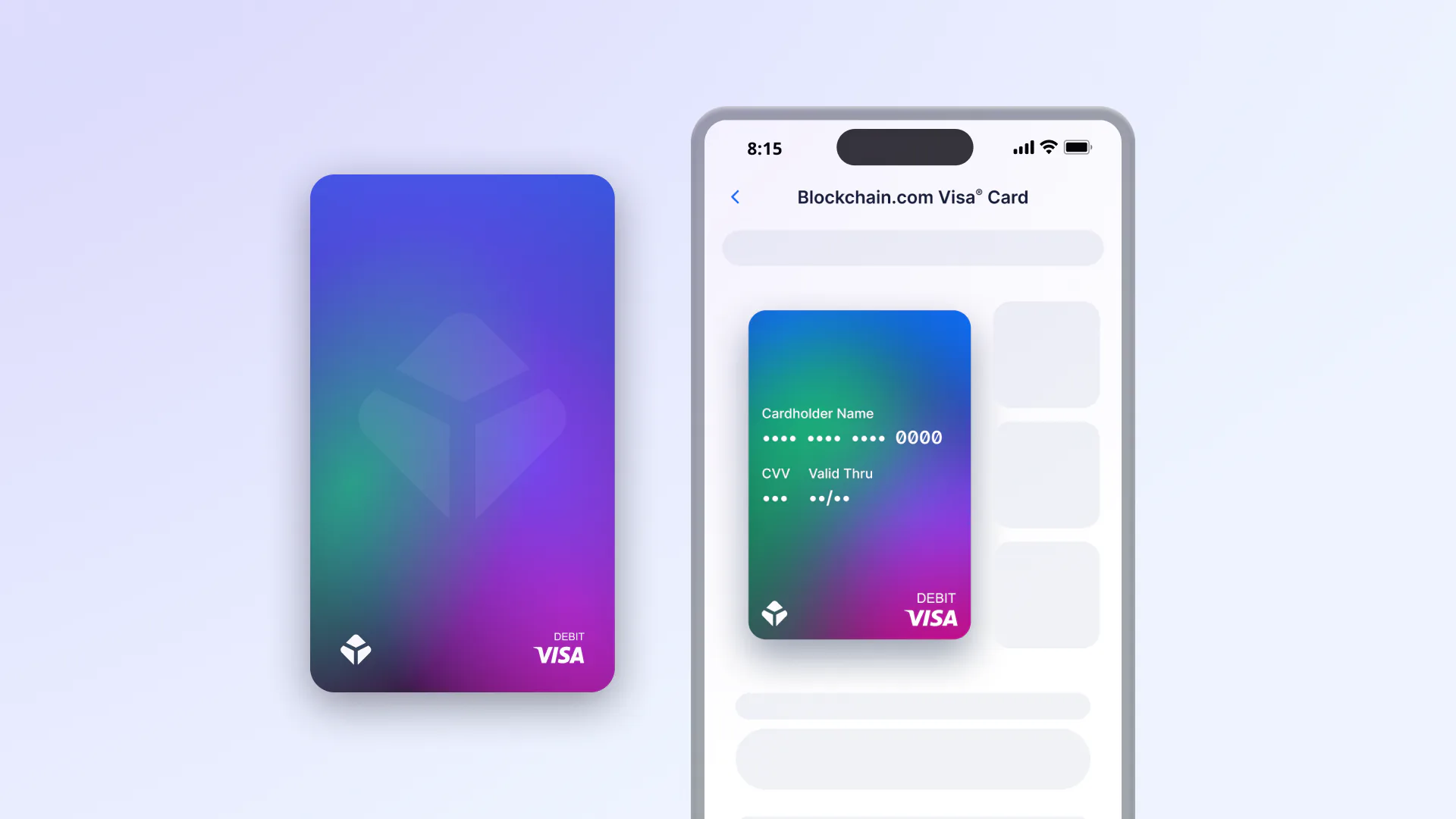 A gradient Blockchain.com Visa debit card beside a phone showing the same card inside the app.