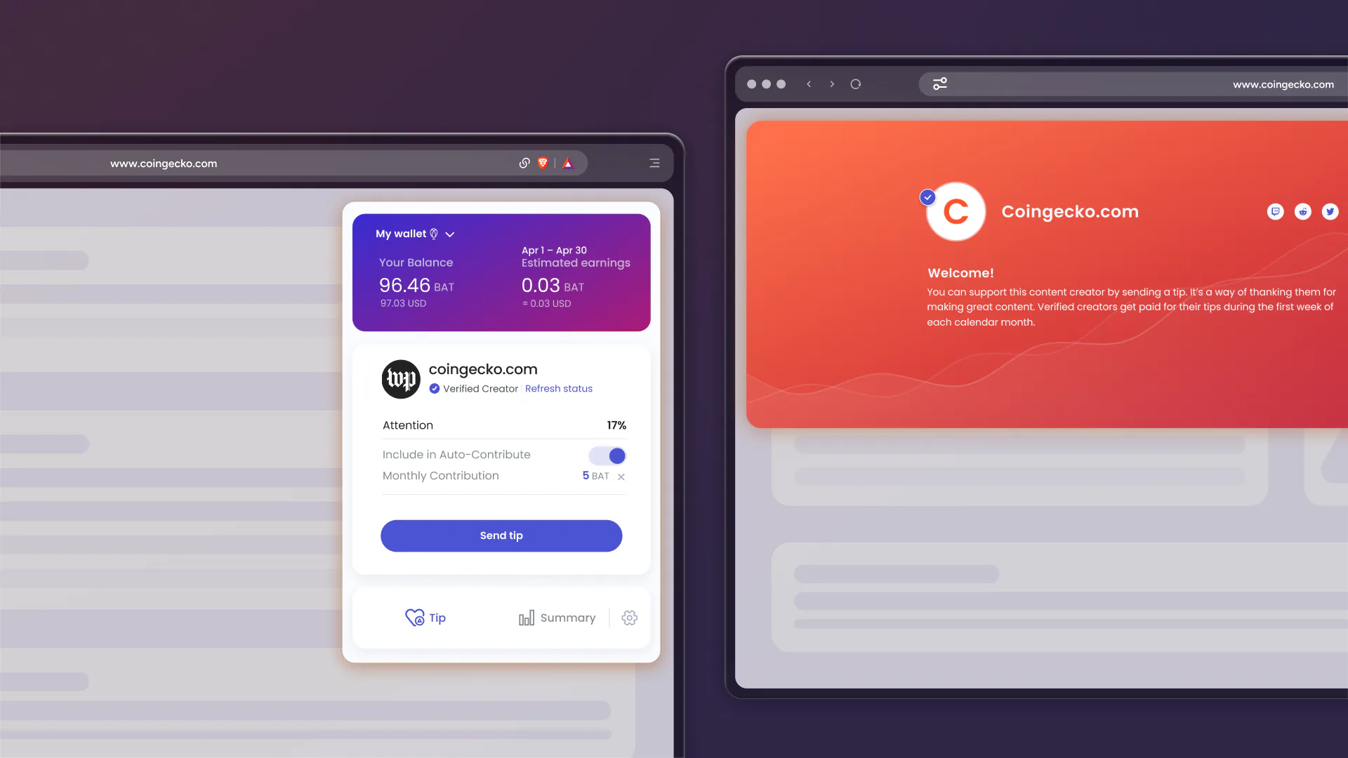 Two browser windows side by side: a purple Brave Rewards panel and an orange creator tipping page.