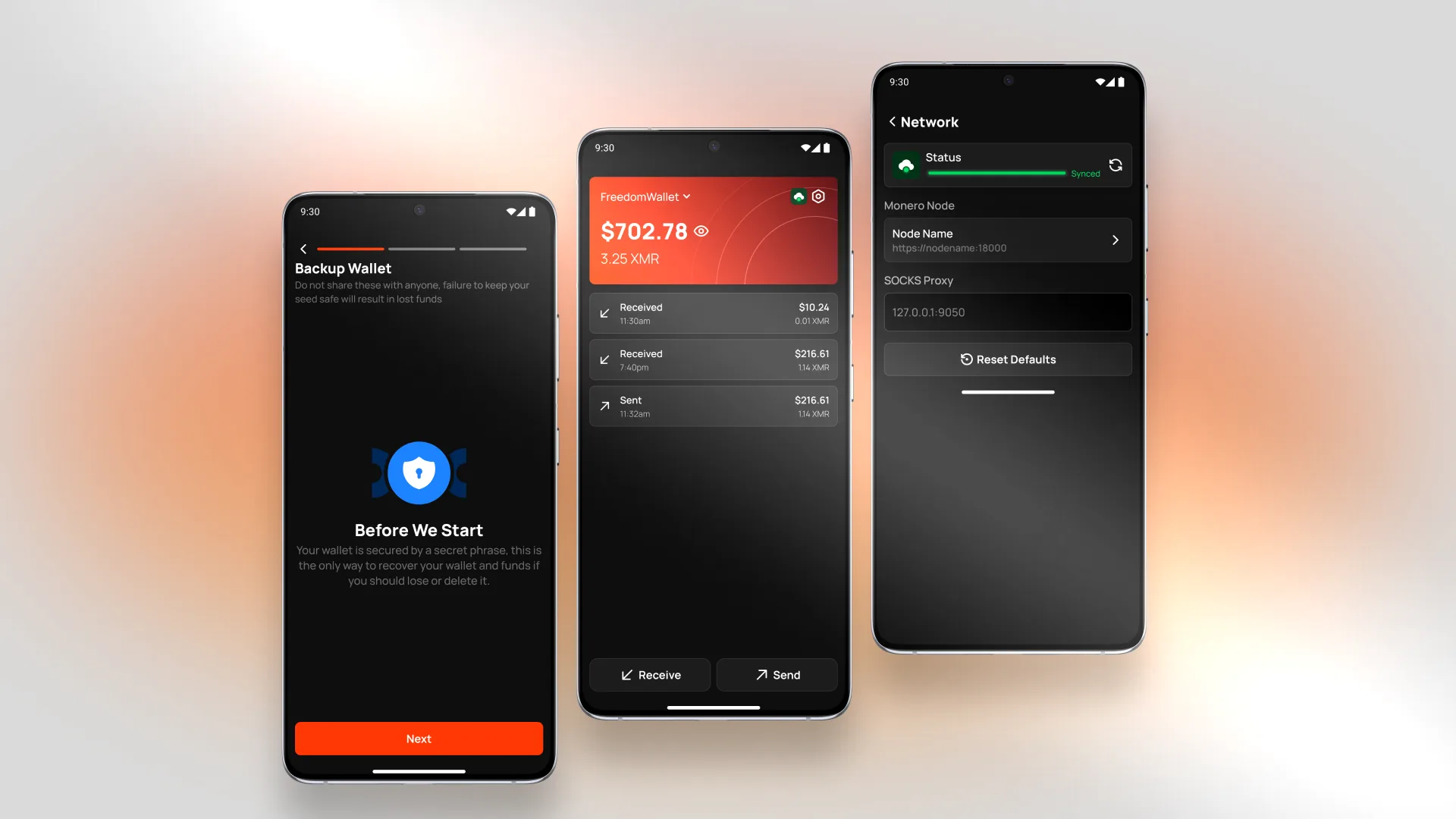 Three Android screens: a seed-phrase backup step, a wallet balance with recent transactions, and Monero node and proxy settings.