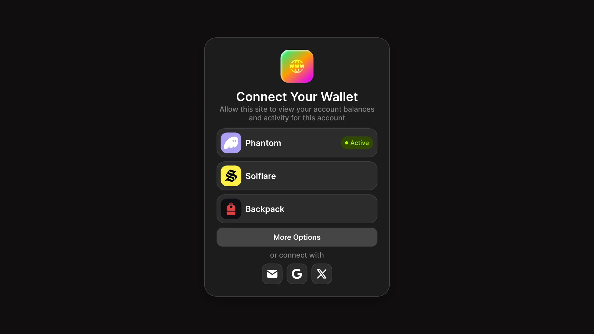 A Connect Your Wallet sheet listing Phantom, Solflare and Backpack, with email, Google and X as alternatives.